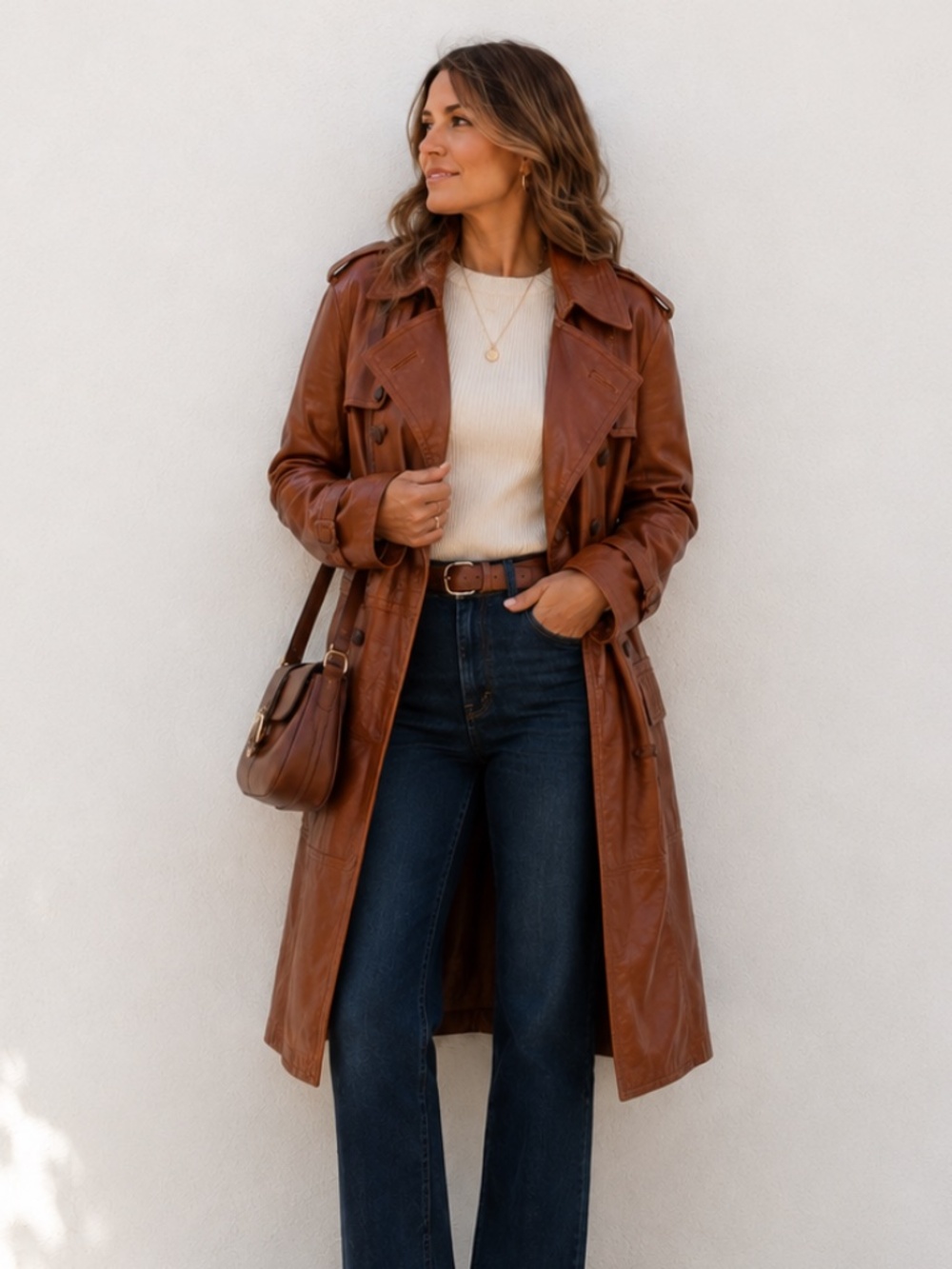 Vintage 70s Brown Leather Trench Coat Montreal Made Belted Equestrian L/XL